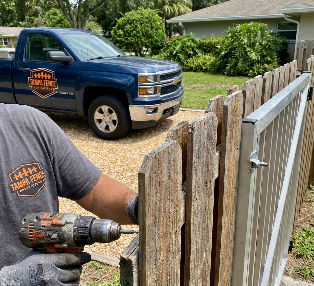 Tampa Fence Contractors branded work truck at a job site