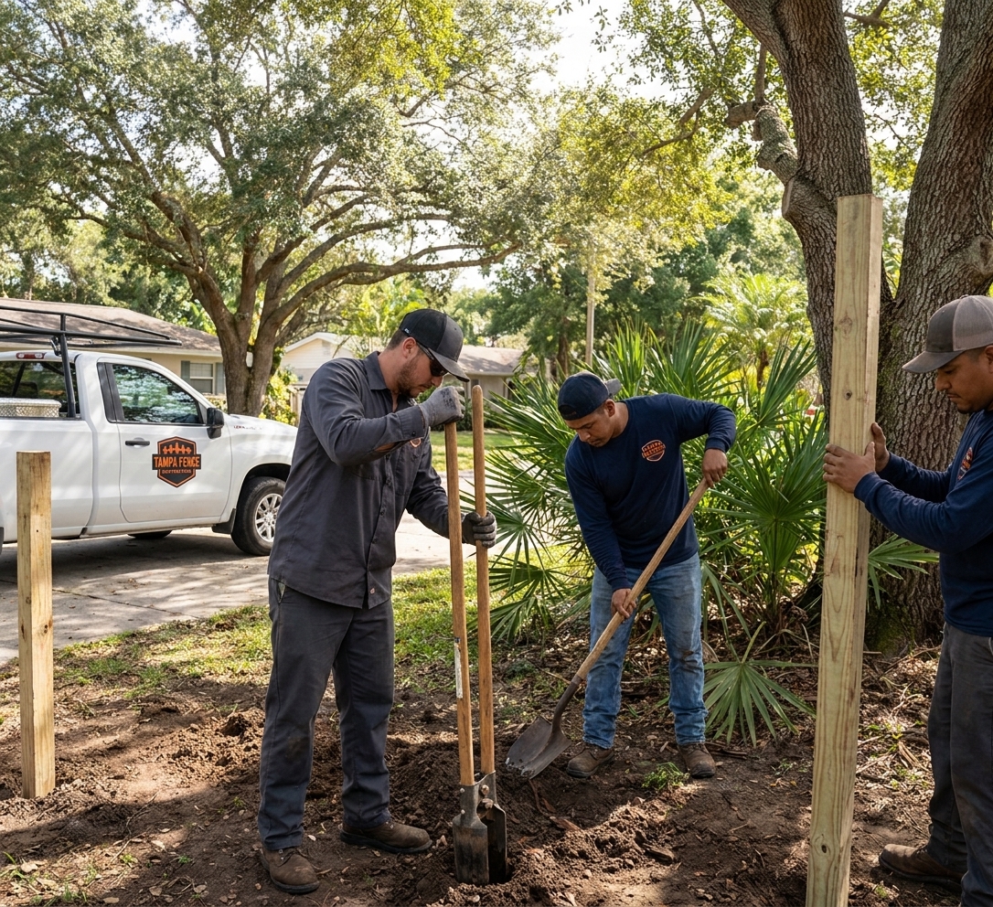 Tampa Fence Contractors crew setting posts for a fence installation in Lutz
