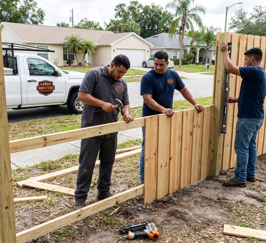 Tampa Fence Contractors crew installing wood fence panels on a job site