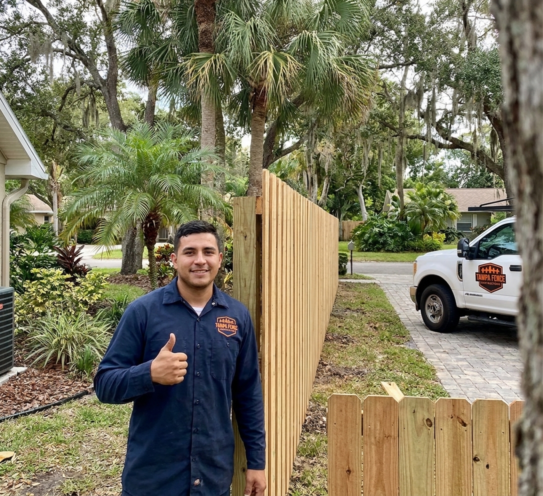 Tampa Fence Contractors crew member giving a thumbs up next to a finished fence
